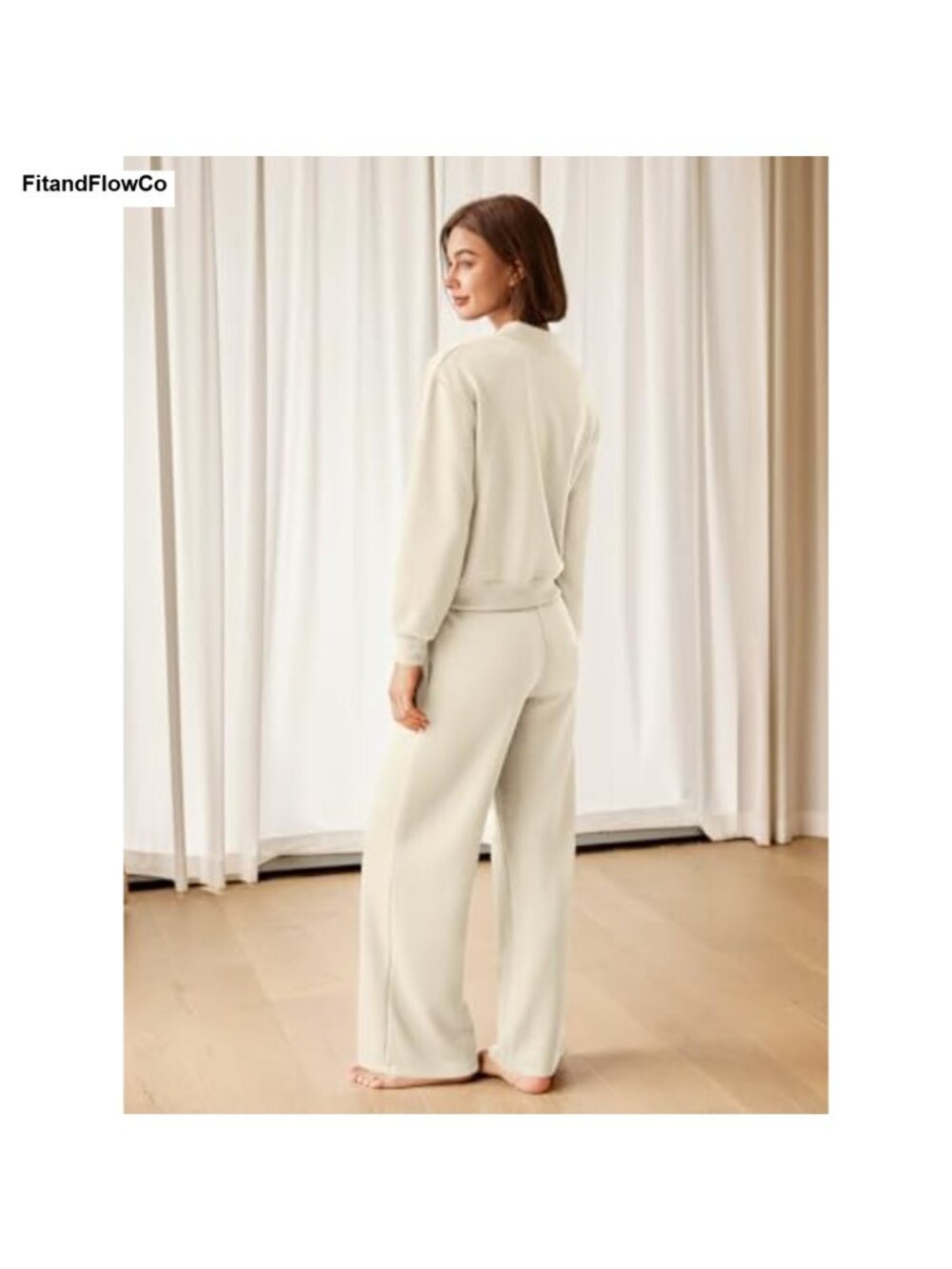 Womens 2 Piece Sweatsuit Half Zip Pullover Wide Leg Pants Lounge Set - Picture 4 of 5